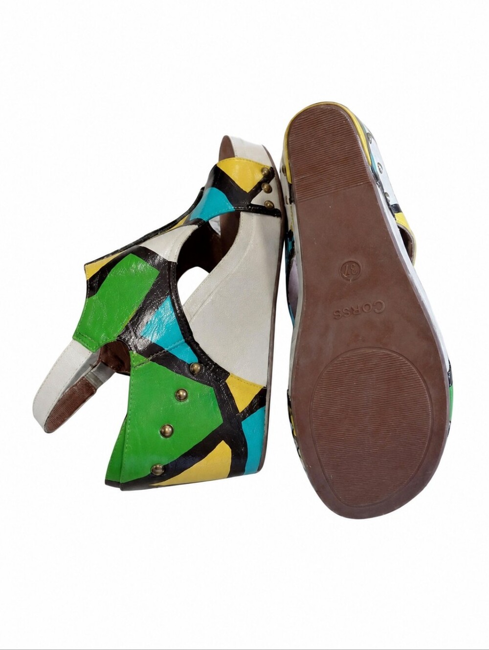 Corkys Leather Colorblock Wedge Sandals Geometric Platform Handpainted OOAK NWOT - Picture 9 of 12